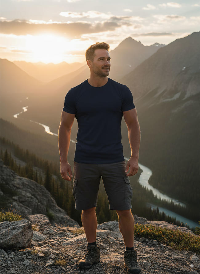 1001# T-shirt(Bleu marine) en coton 220 g à manches courtes – Impression simple face (verso)